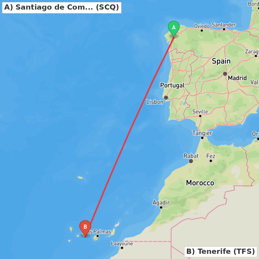 Flight route map from Santiago de Compostela to Tenerife