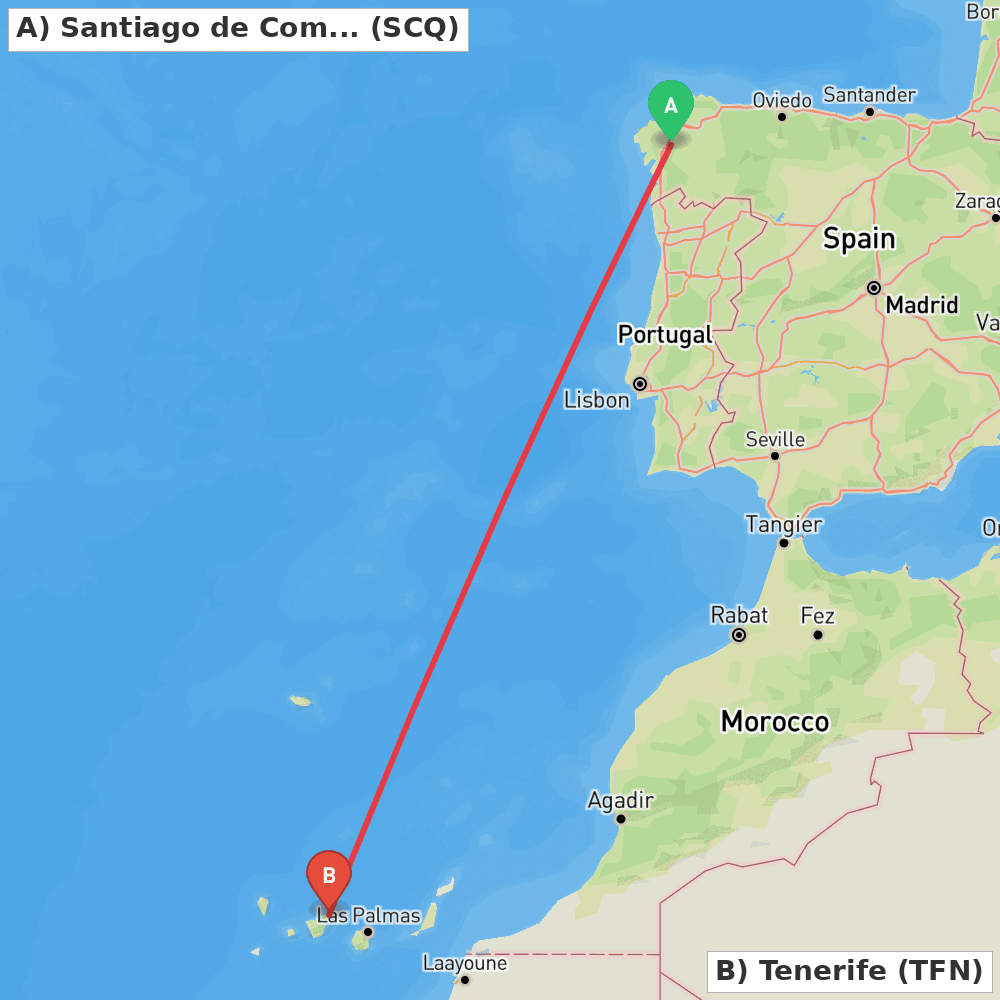 Flight route map from Santiago de Compostela to Tenerife