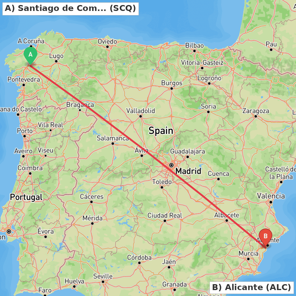 Flight route map from Santiago de Compostela to Alicante