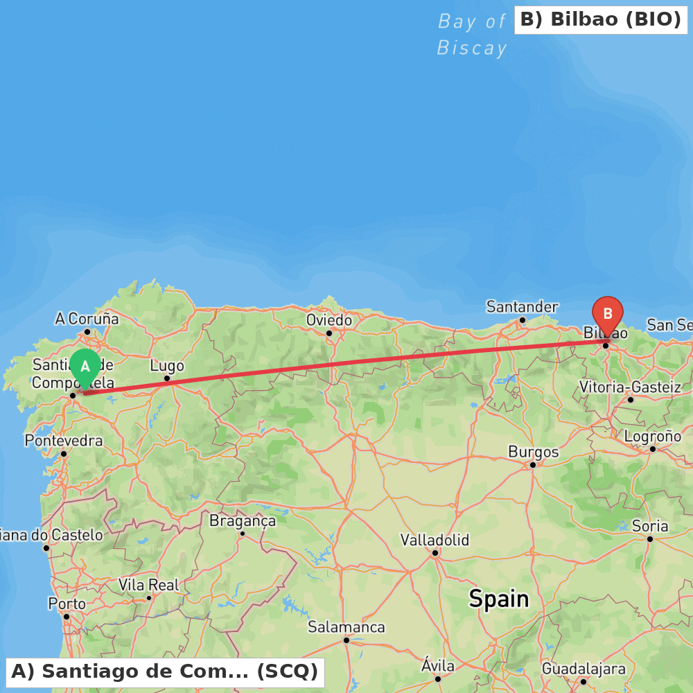Flight route map from Santiago de Compostela to Bilbao