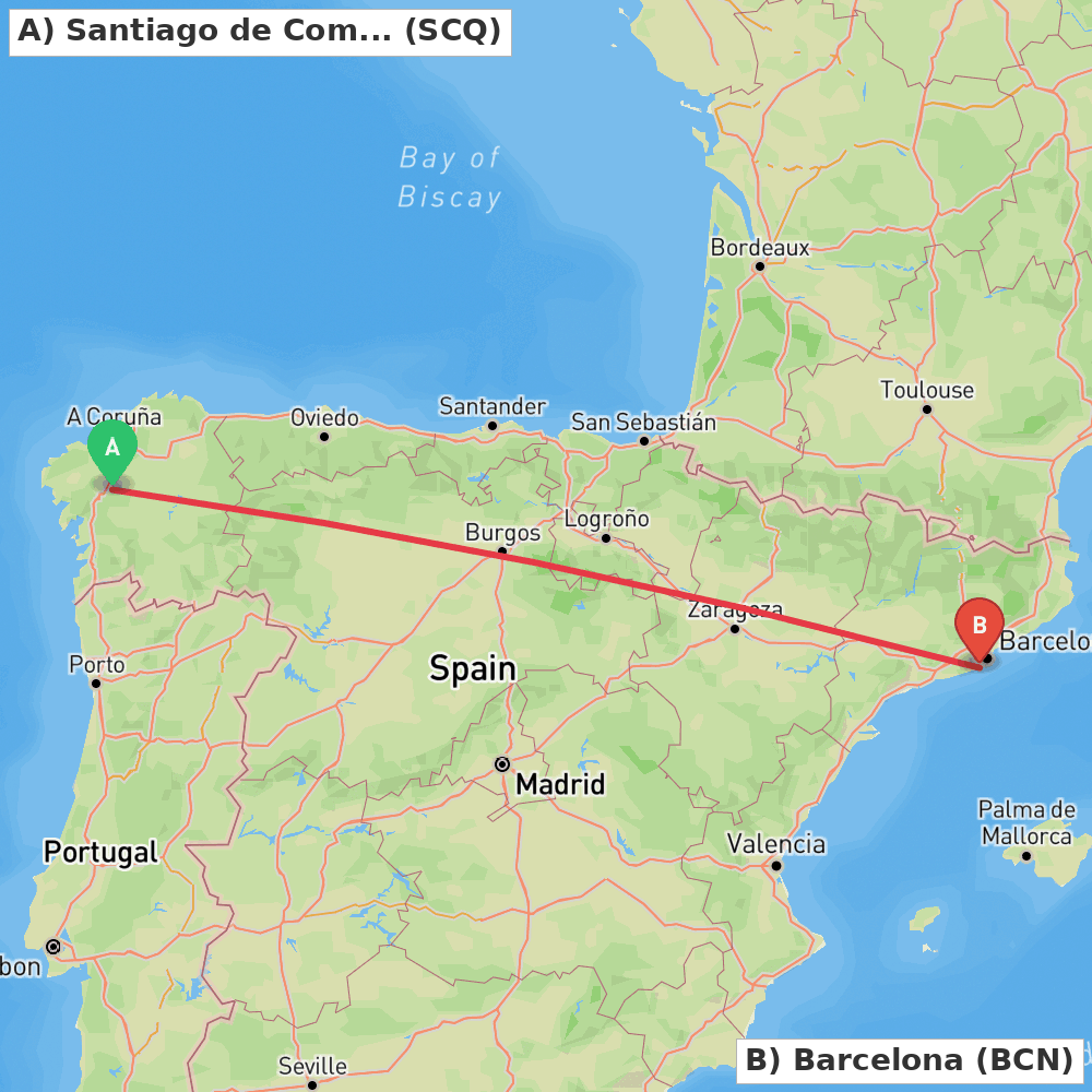 Flight route map from Santiago de Compostela to Barcelona