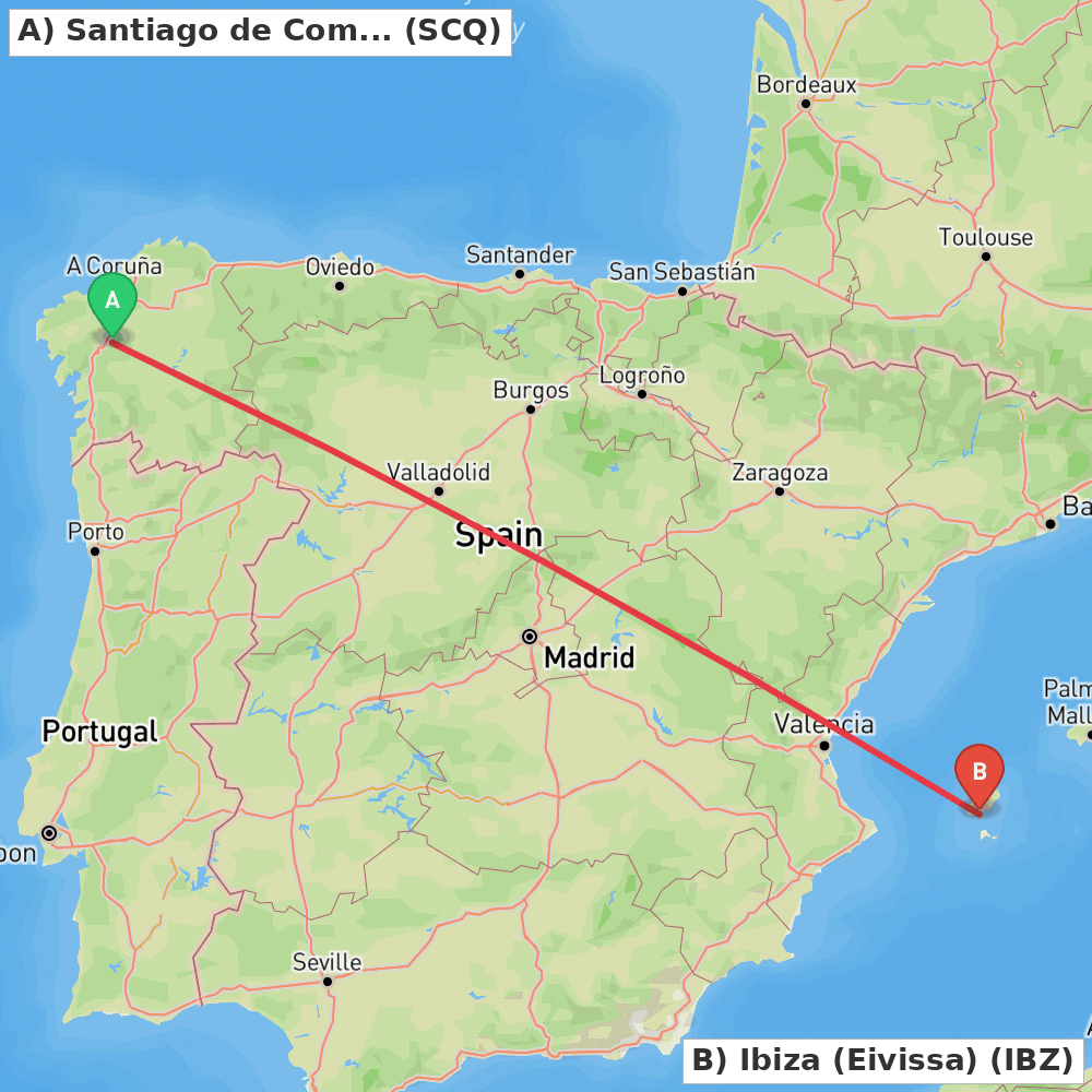 Flight route map from Santiago de Compostela to Ibiza (Eivissa)