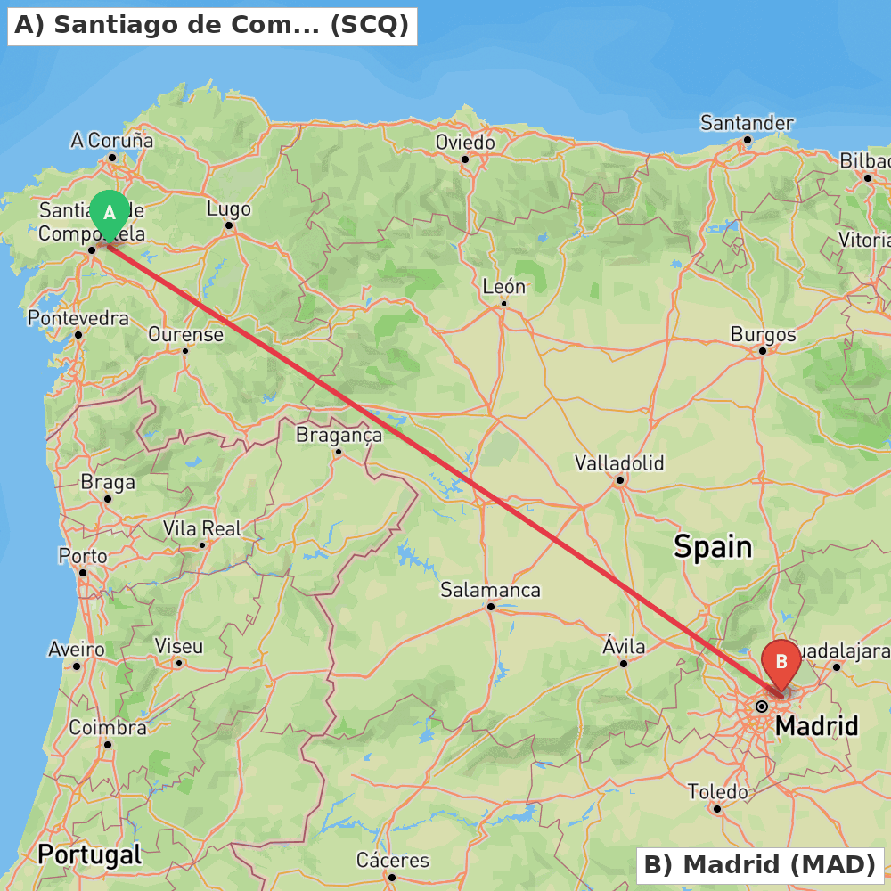 Flight route map from Santiago de Compostela to Madrid