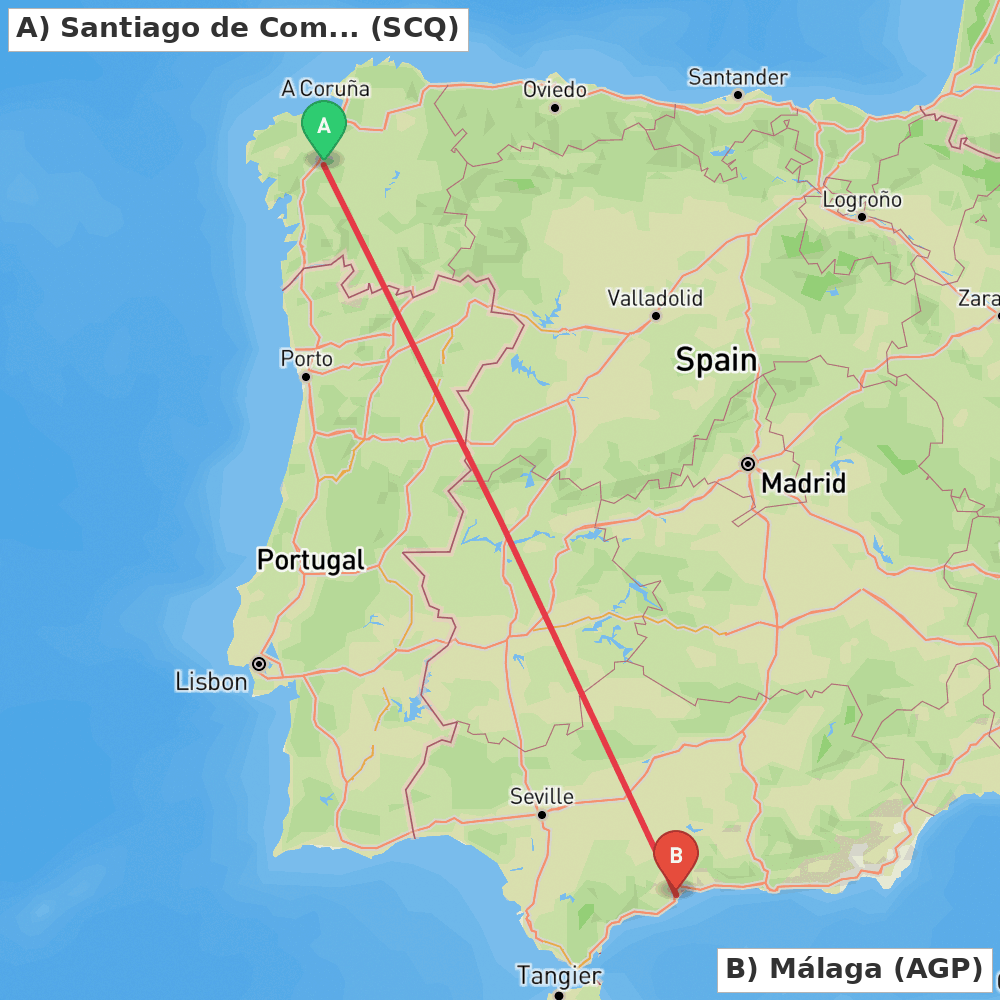 Flight route map from Santiago de Compostela to Málaga