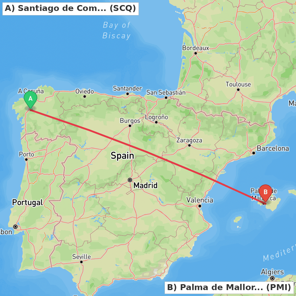 Flight route map from Santiago de Compostela to Palma de Mallorca