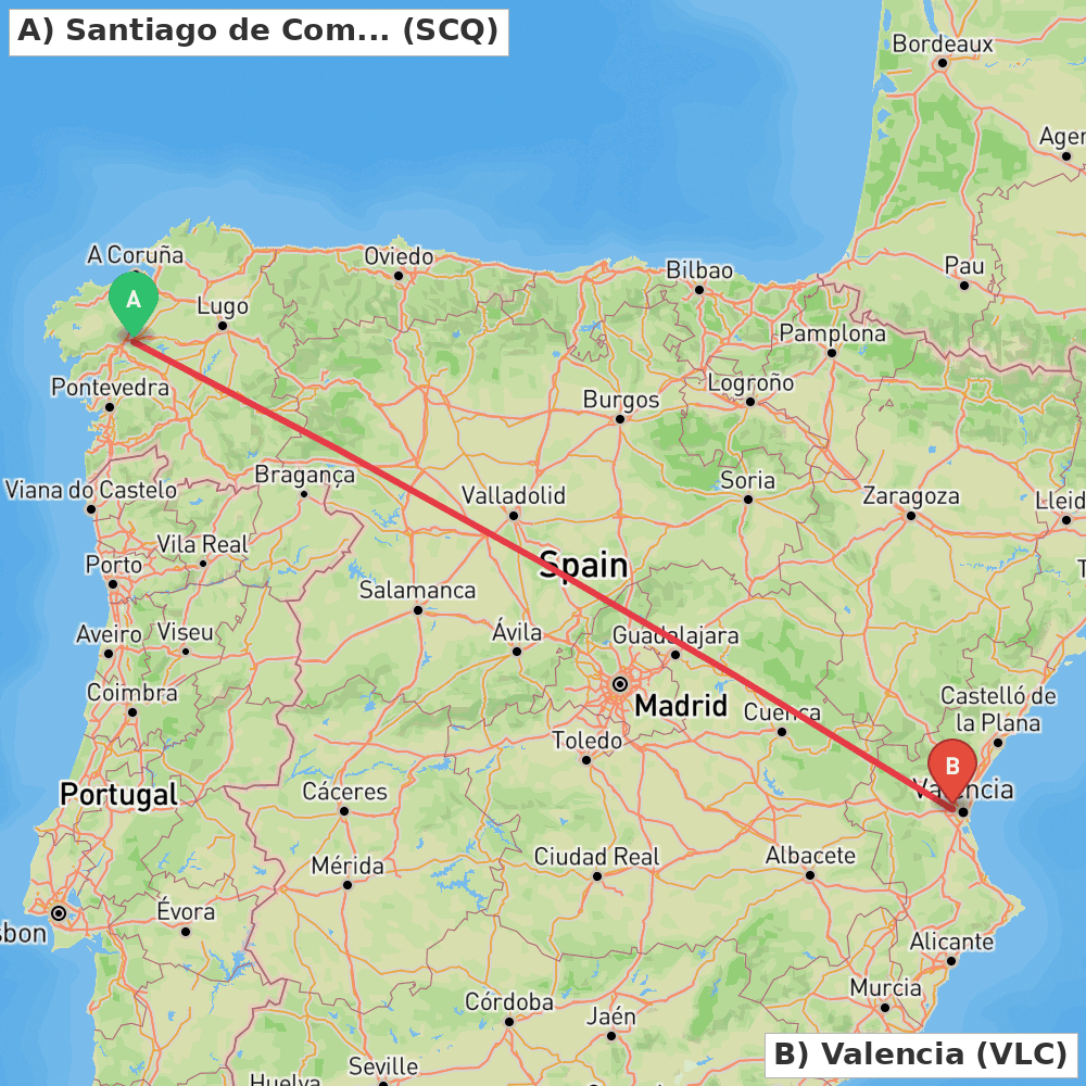 Flight route map from Santiago de Compostela to Valencia