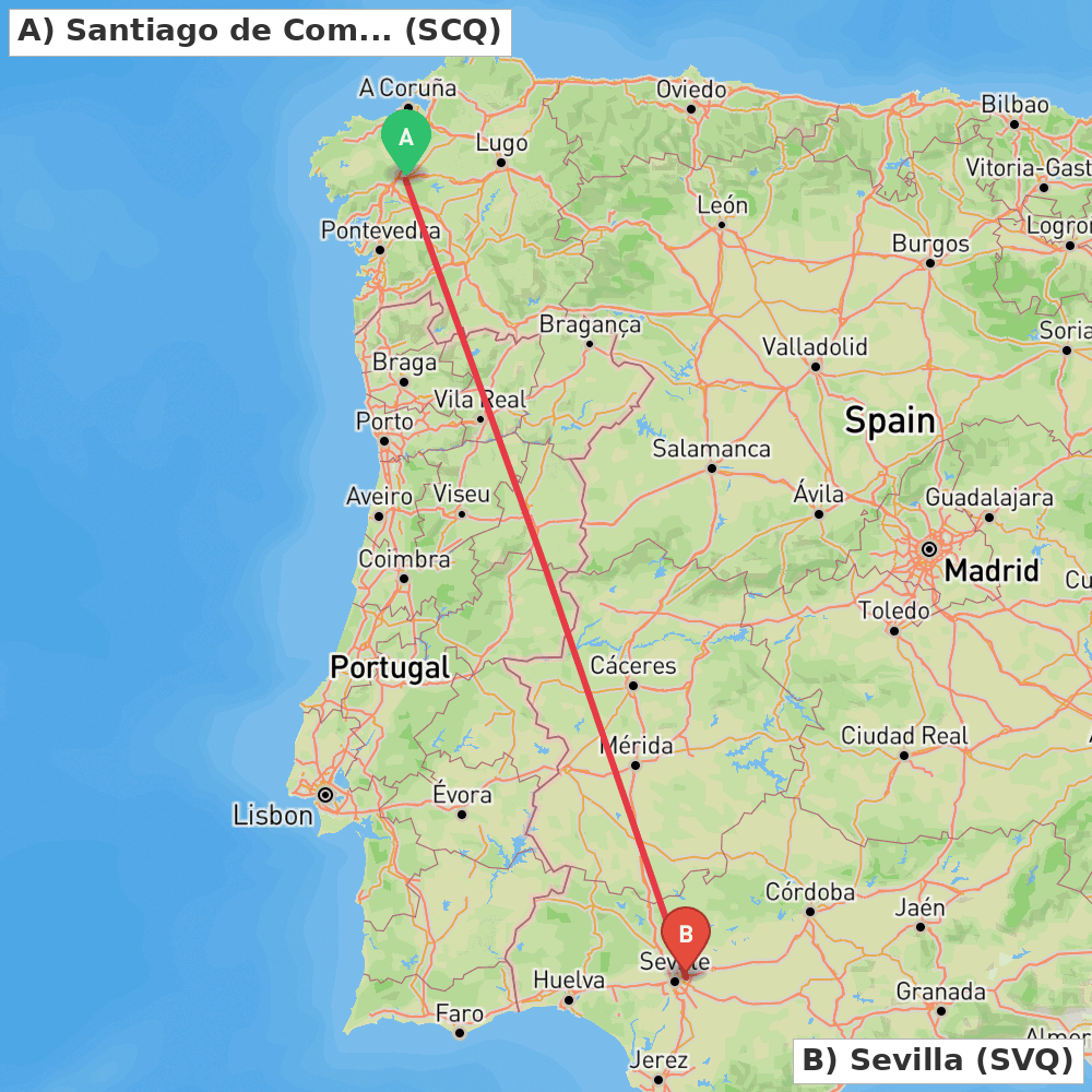 Flight route map from Santiago de Compostela to Sevilla