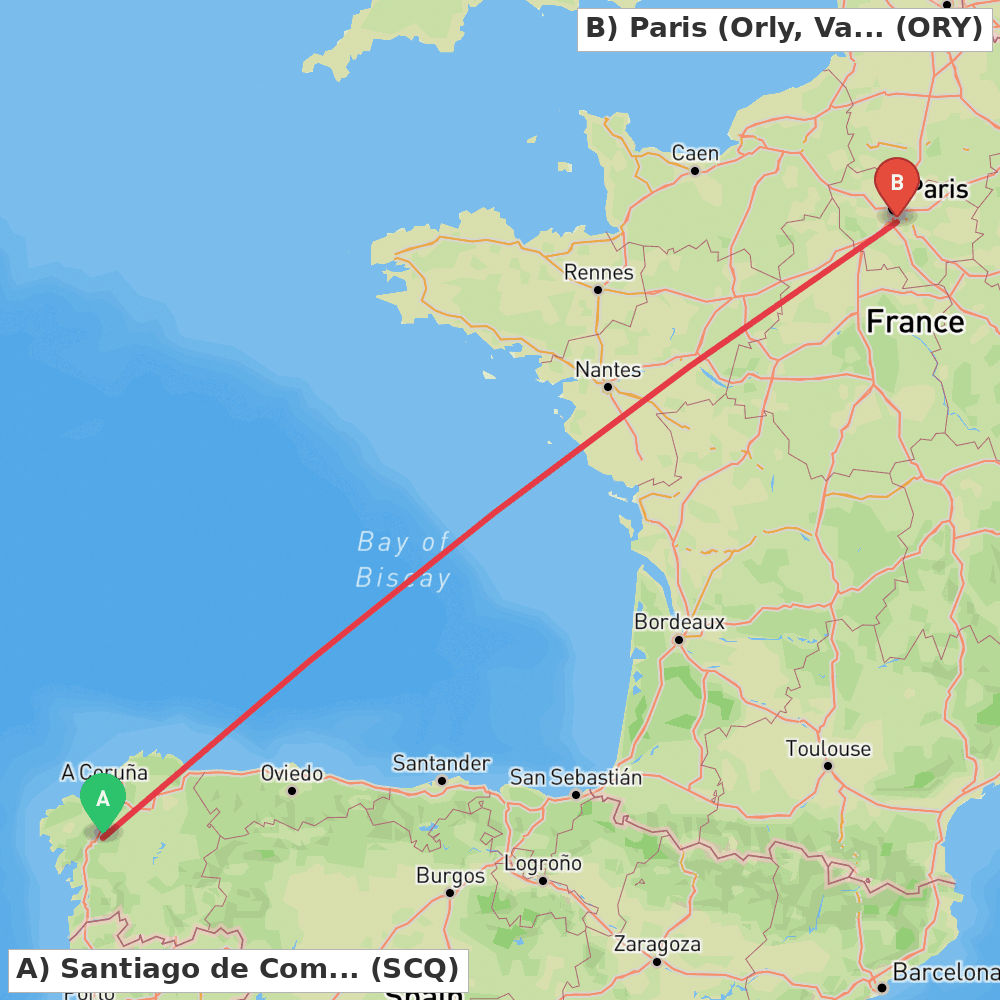 Flight route map from Santiago de Compostela to Paris (Orly, Val-de-Marne)