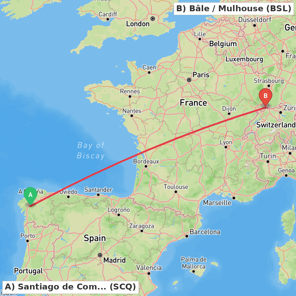 Flight route map from Santiago de Compostela to Bâle / Mulhouse