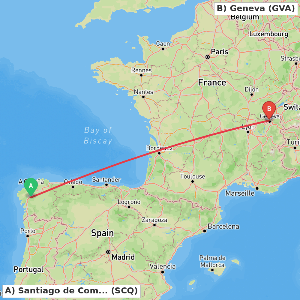 Flight route map from Santiago de Compostela to Geneva