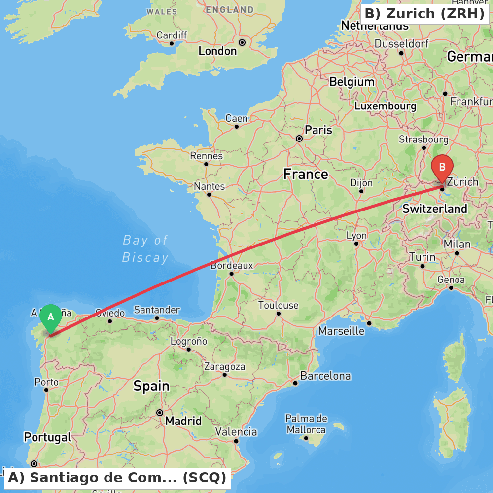 Flight route map from Santiago de Compostela to Zurich