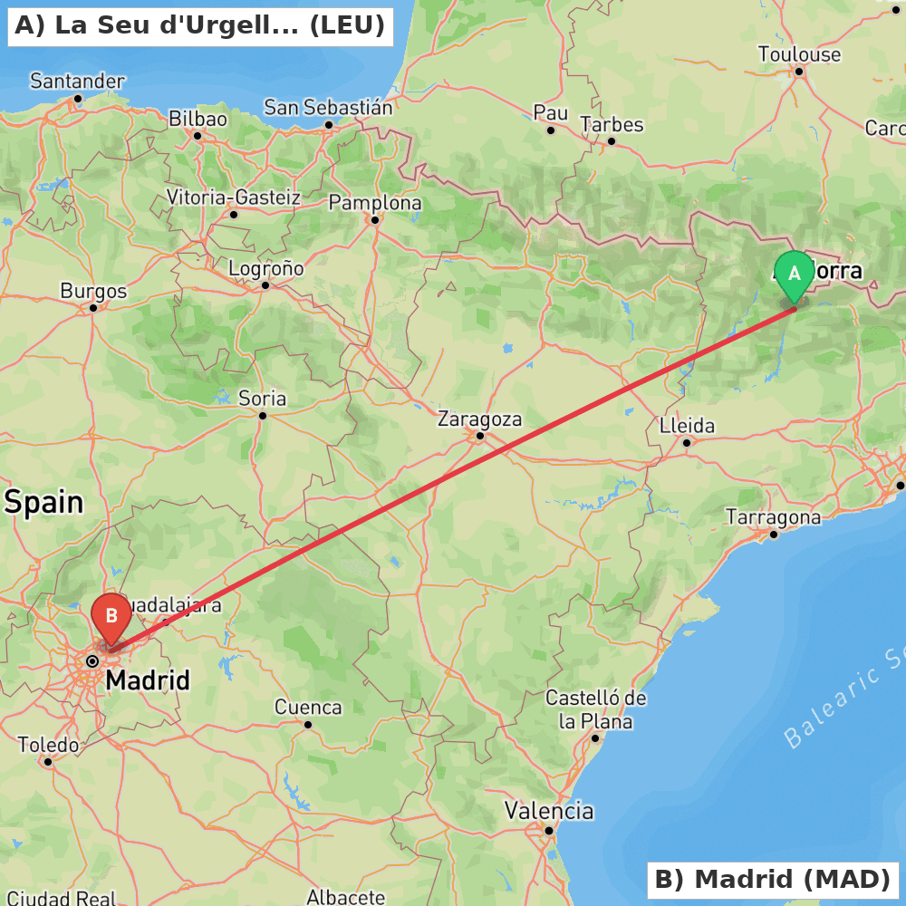 Flight route map from La Seu d'Urgell Pyrenees and Andorra to Madrid
