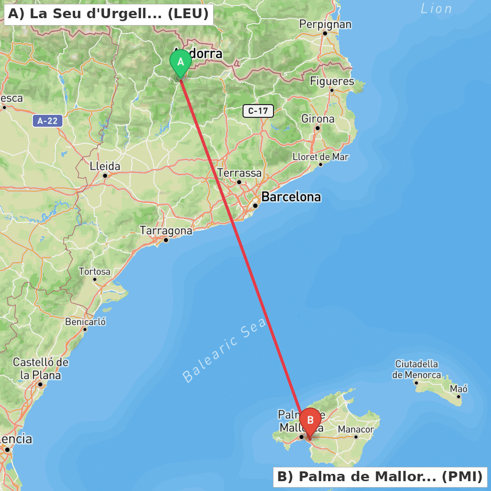 Flight route map from La Seu d'Urgell Pyrenees and Andorra to Palma de Mallorca