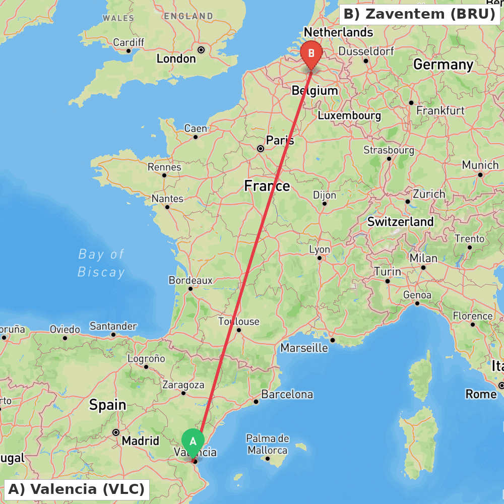 Flight route map from Valencia to Zaventem
