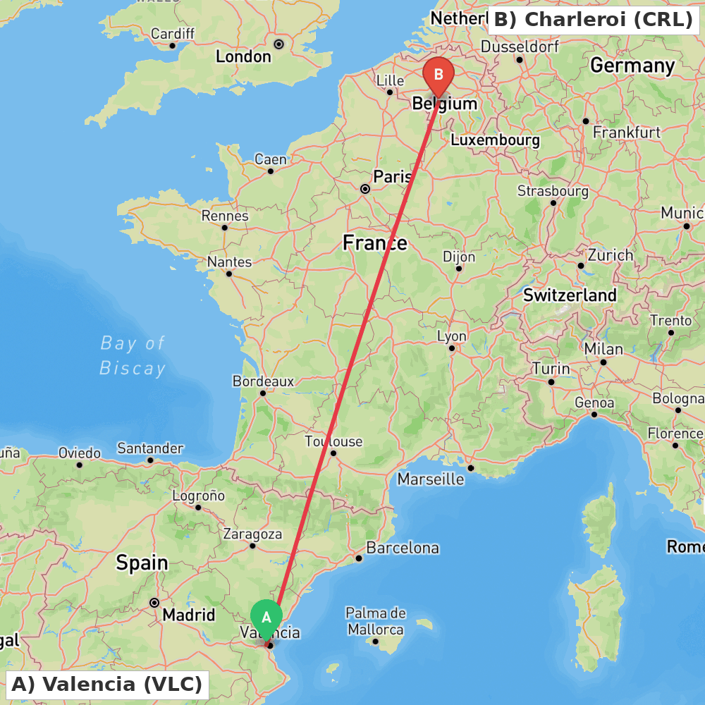 Flight route map from Valencia to Charleroi