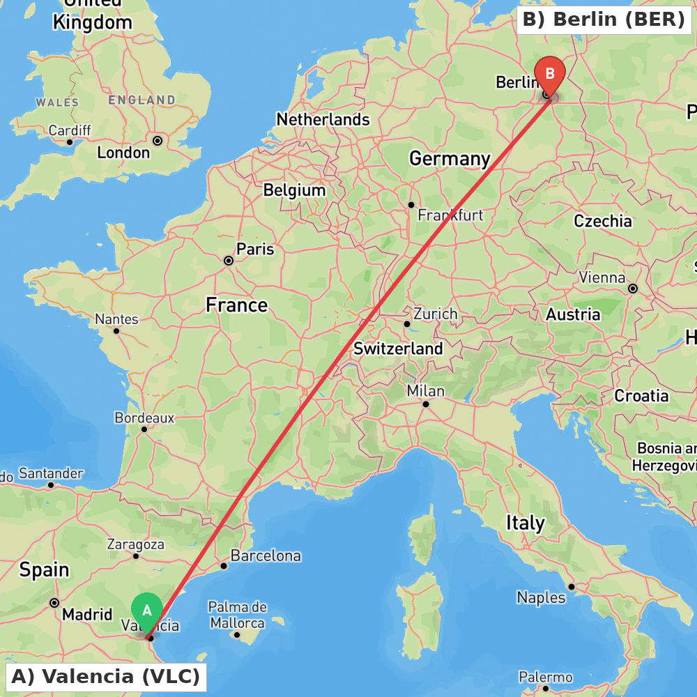 Flight route map from Valencia to Berlin