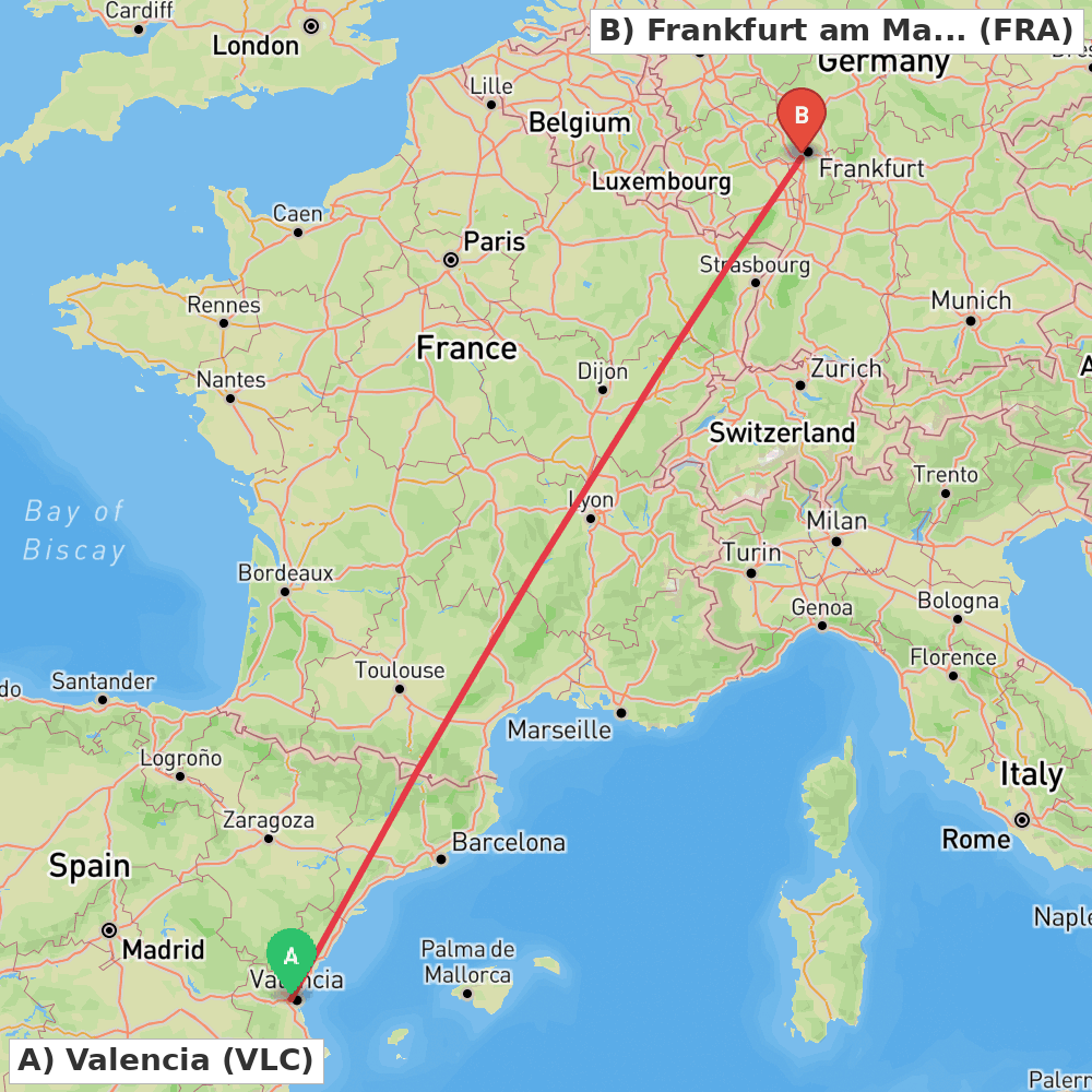 Flight route map from Valencia to Frankfurt am Main