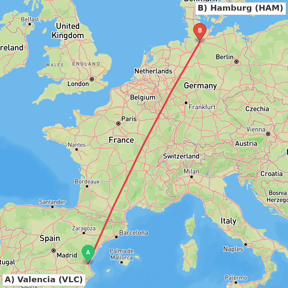 Flight route map from Valencia to Hamburg