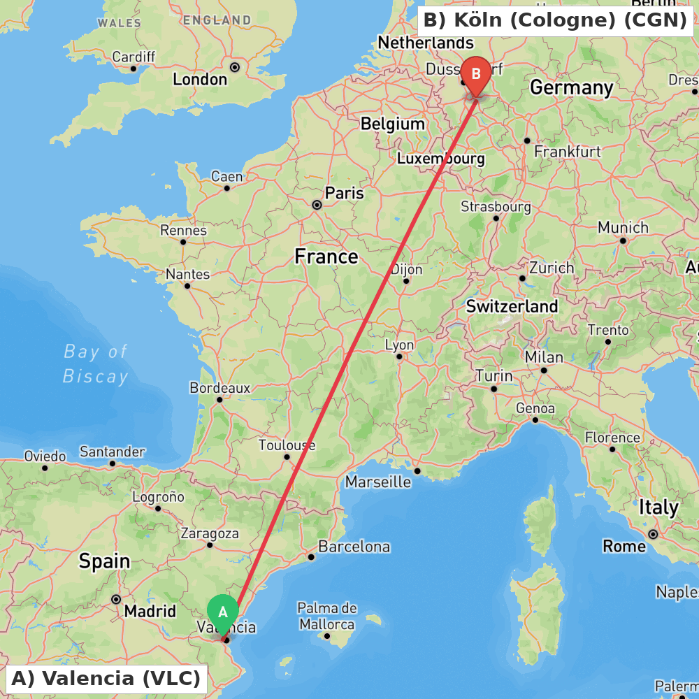 Flight route map from Valencia to Köln (Cologne)