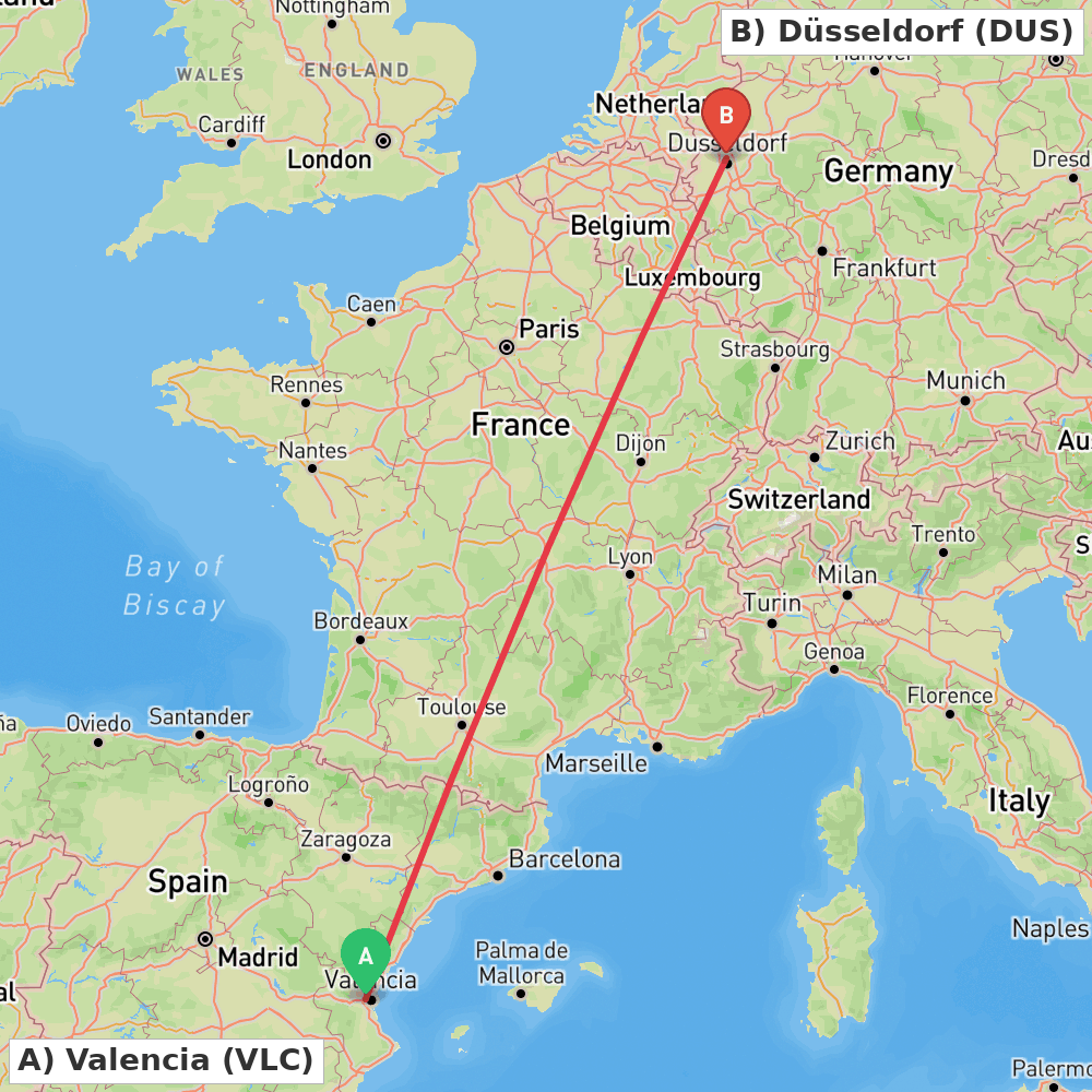 Flight route map from Valencia to Düsseldorf