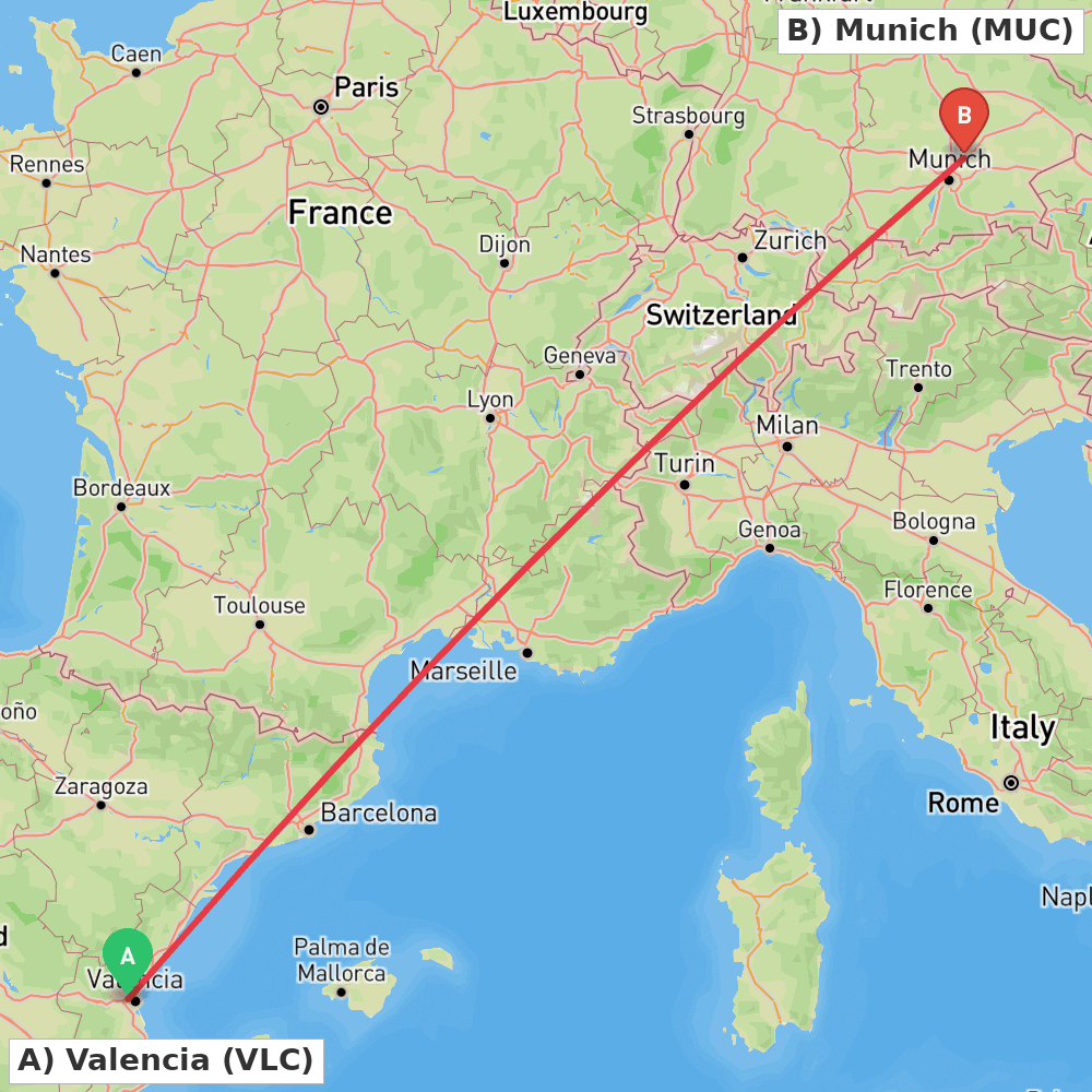 Flight route map from Valencia to Munich