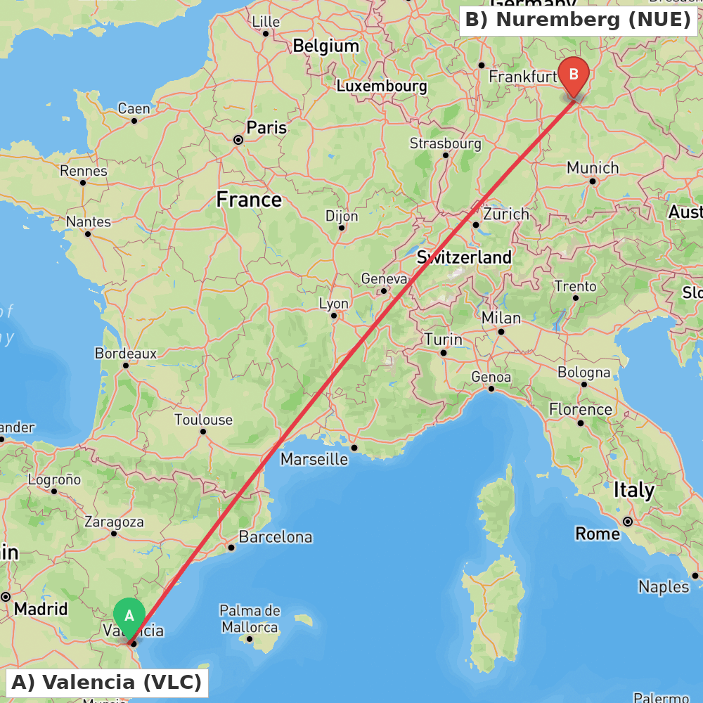 Flight route map from Valencia to Nuremberg