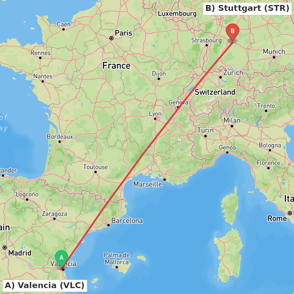 Flight route map from Valencia to Stuttgart