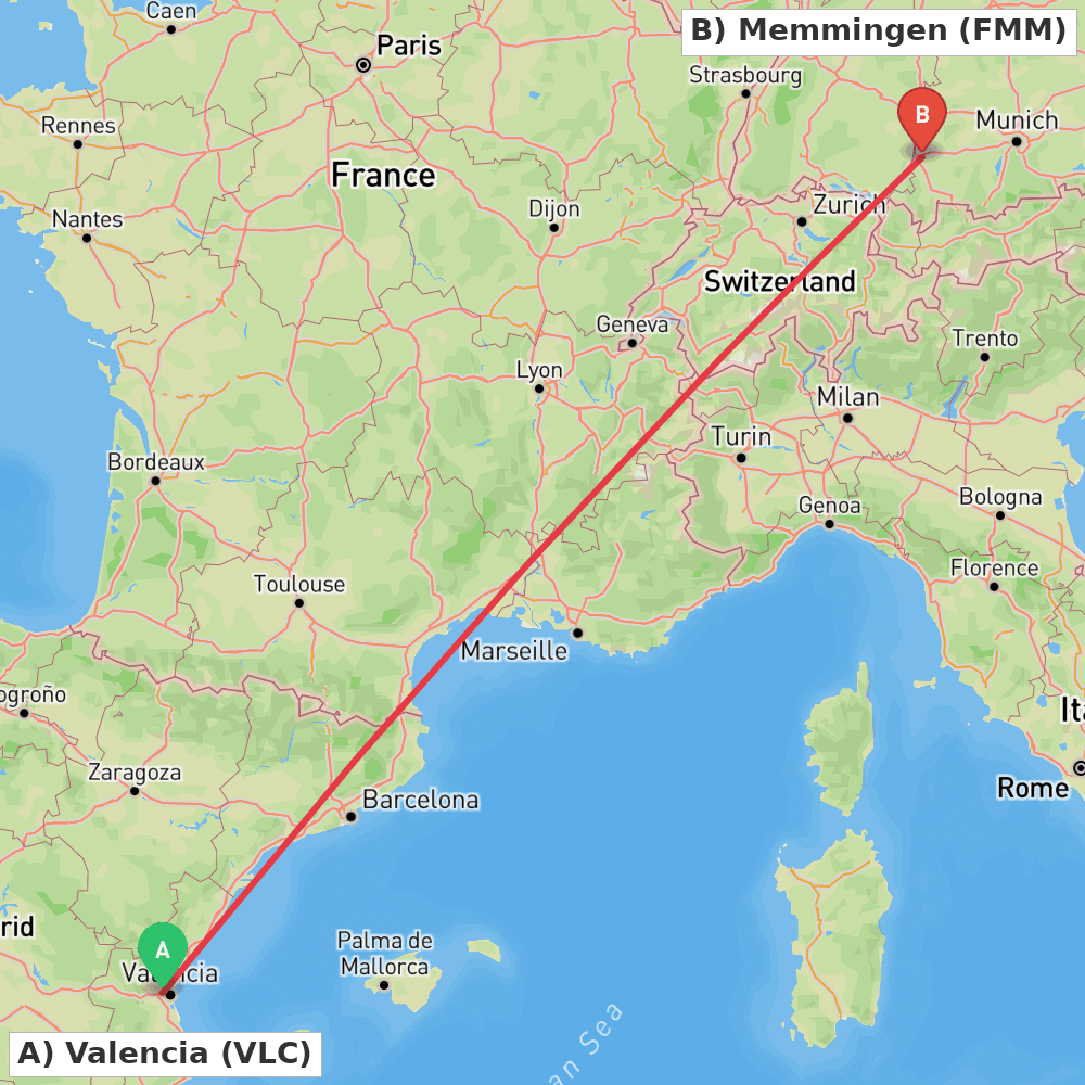 Flight route map from Valencia to Memmingen