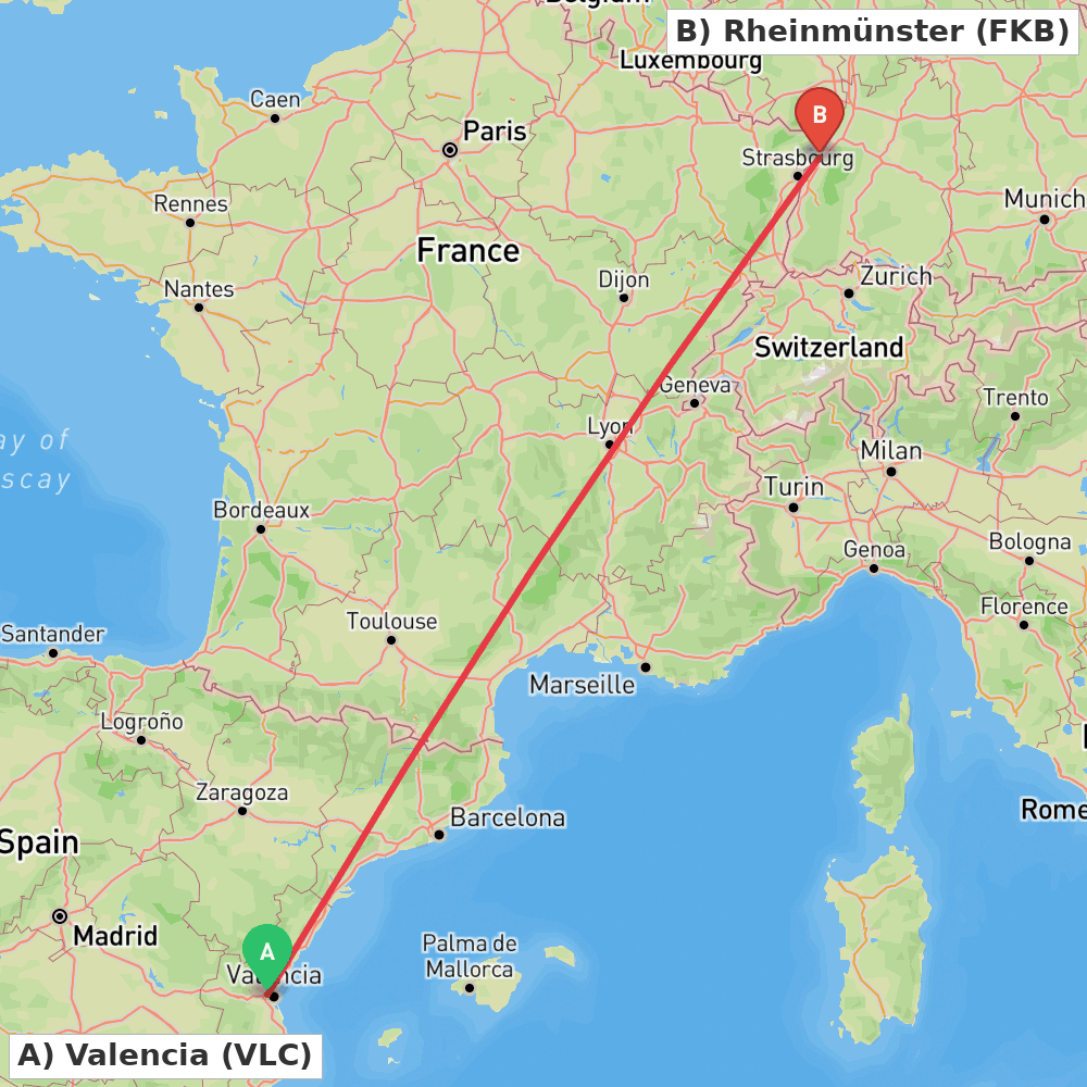 Flight route map from Valencia to Rheinmünster
