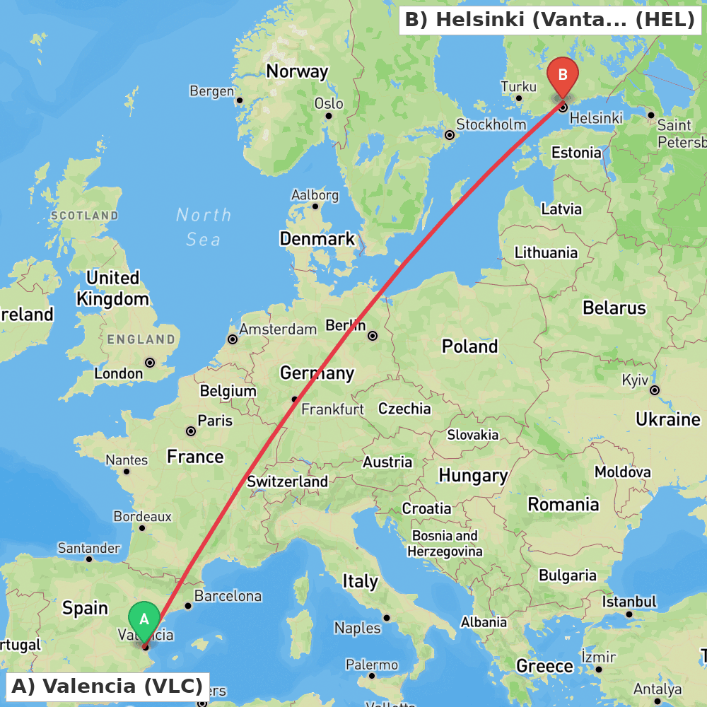Flight route map from Valencia to Helsinki (Vantaa)