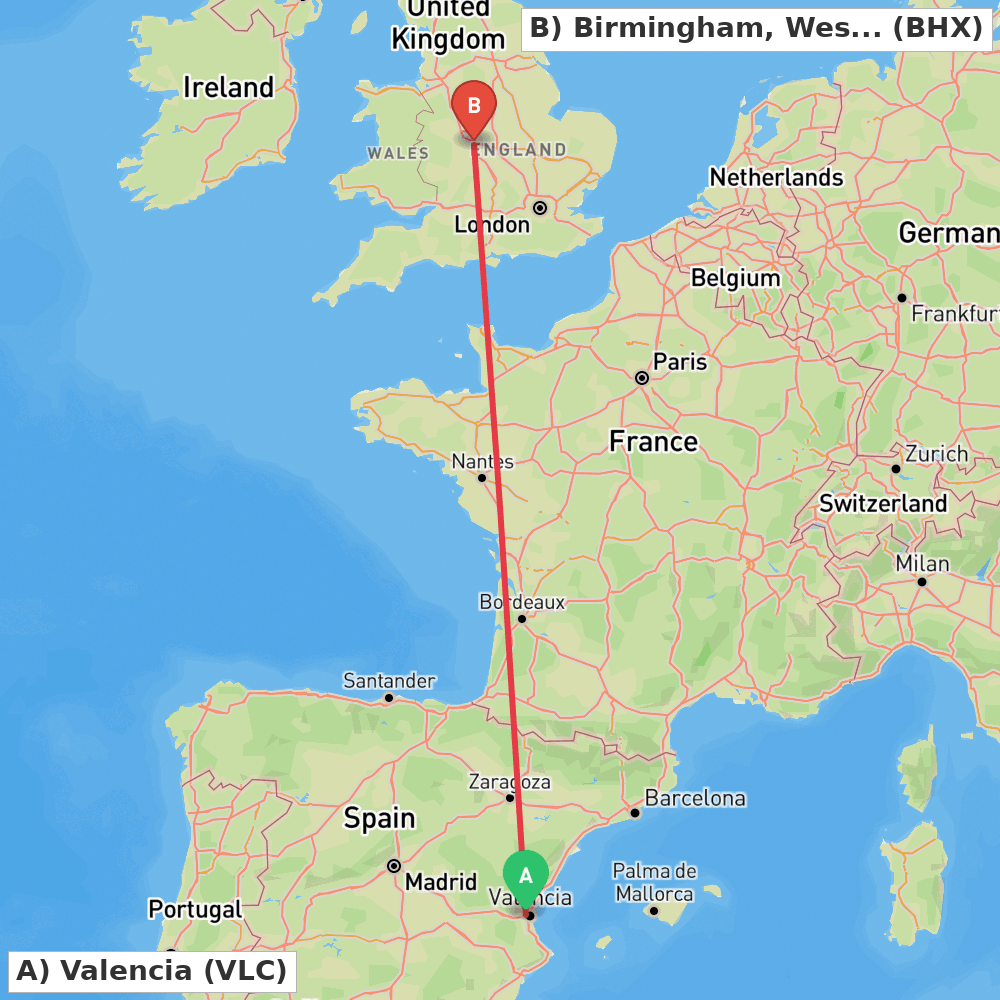 Flight route map from Valencia to Birmingham, West Midlands
