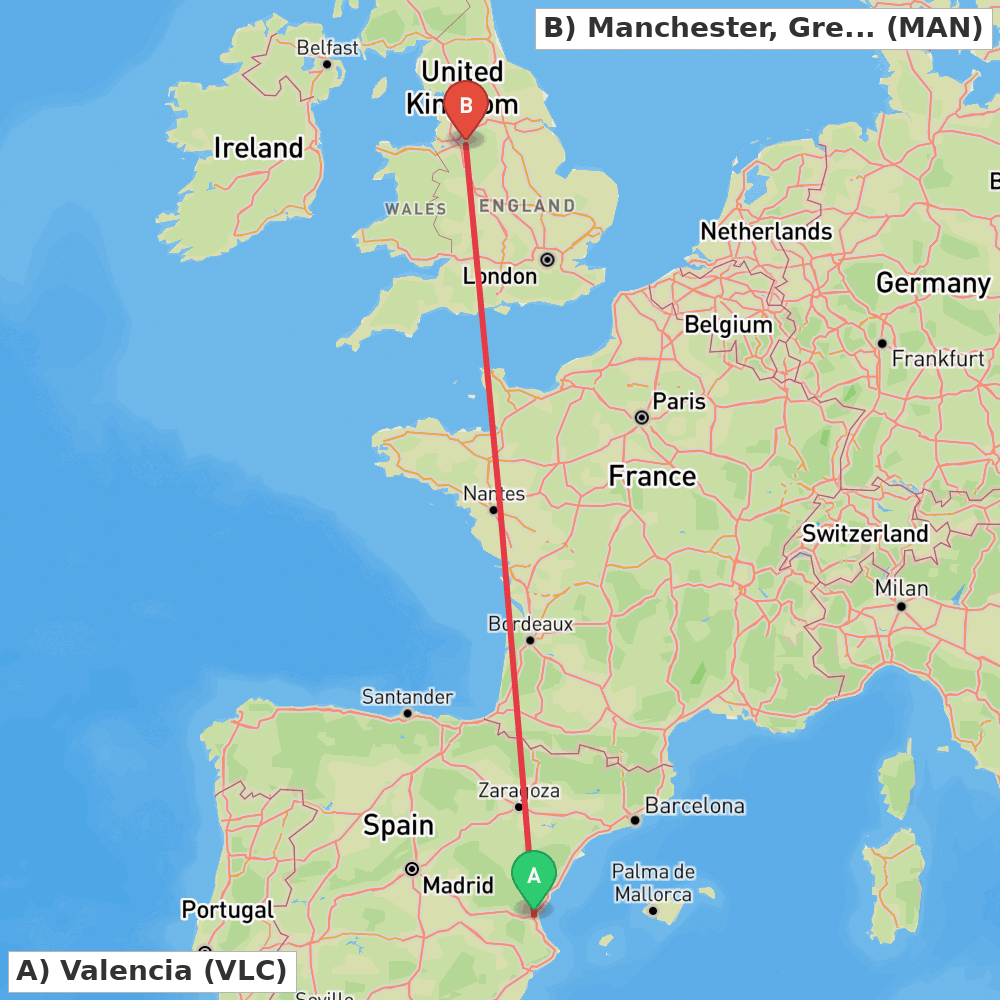 Flight route map from Valencia to Manchester, Greater Manchester