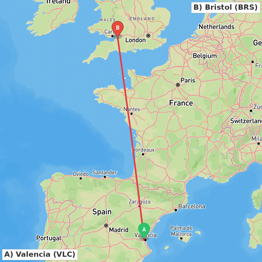 Flight route map from Valencia to Bristol