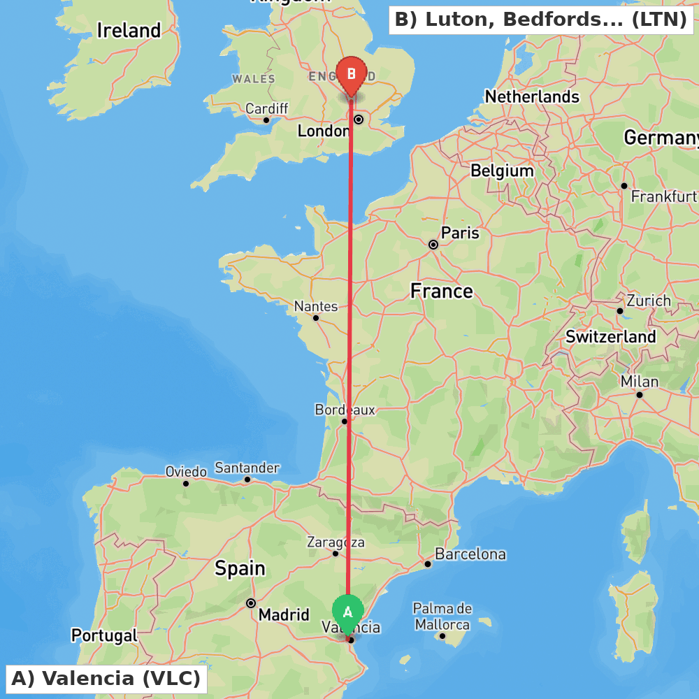Flight route map from Valencia to Luton, Bedfordshire