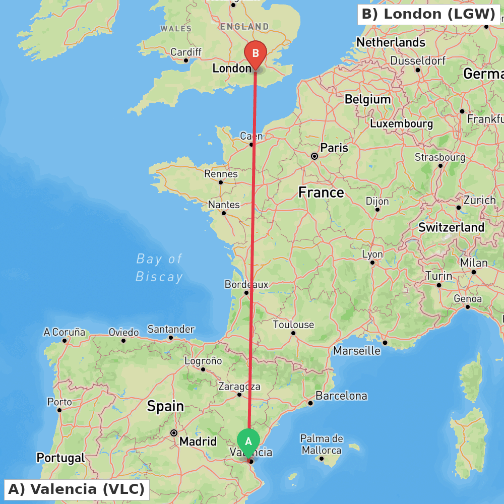 Flight route map from Valencia to London