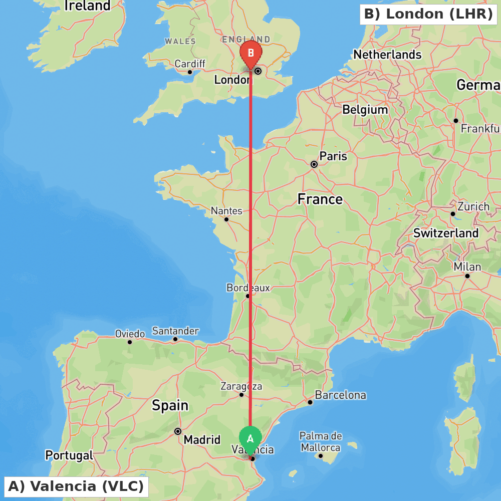 Flight route map from Valencia to London