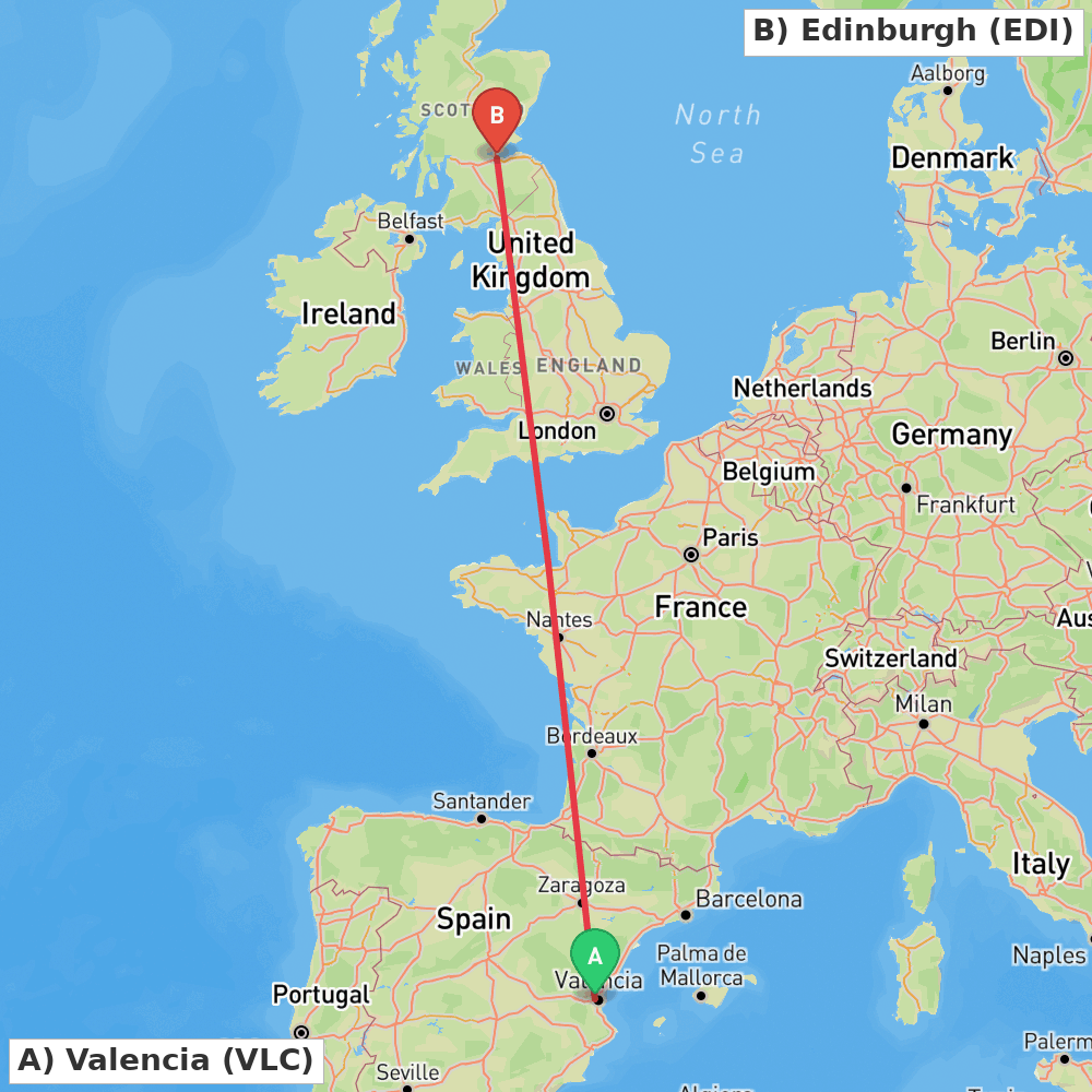 Flight route map from Valencia to Edinburgh