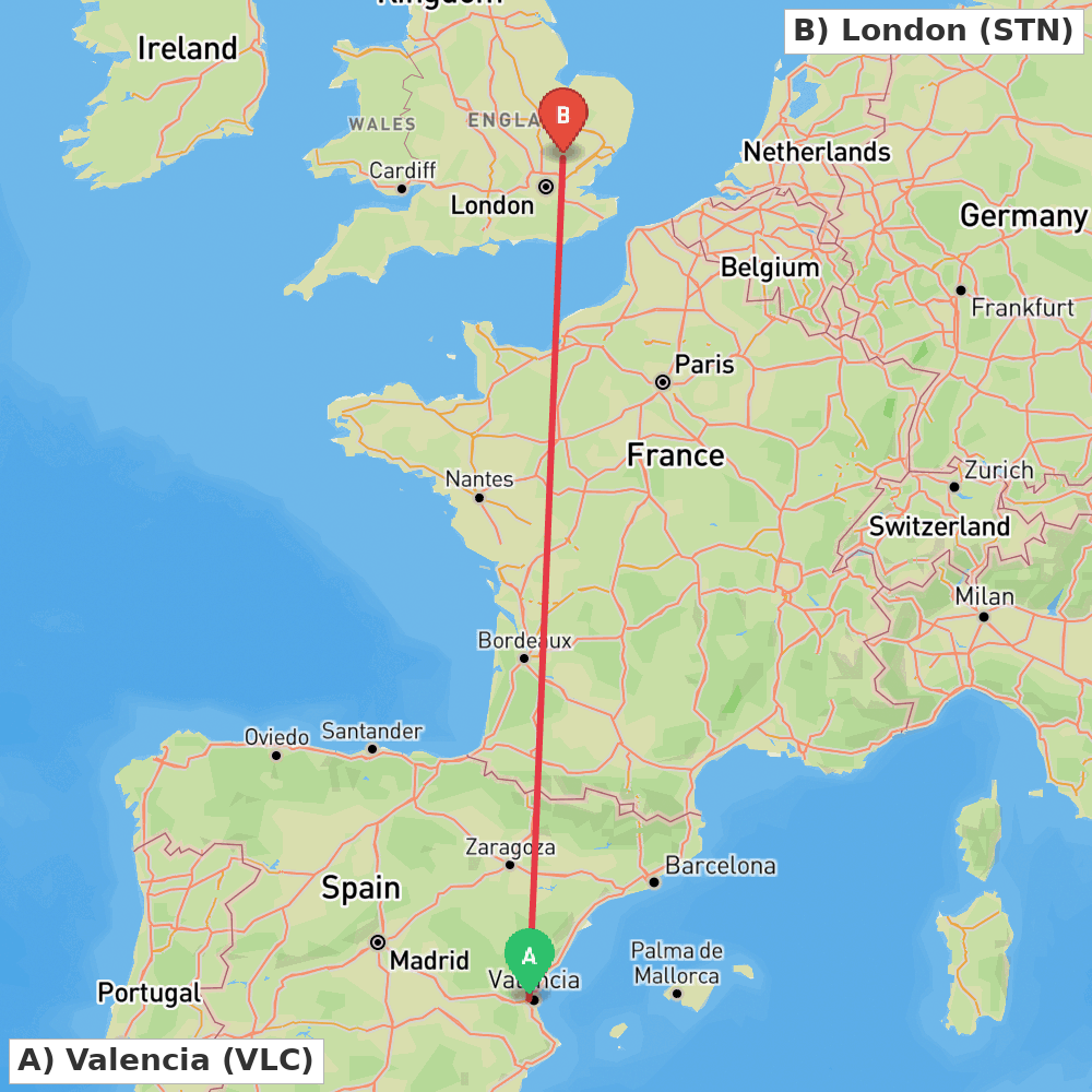 Flight route map from Valencia to London