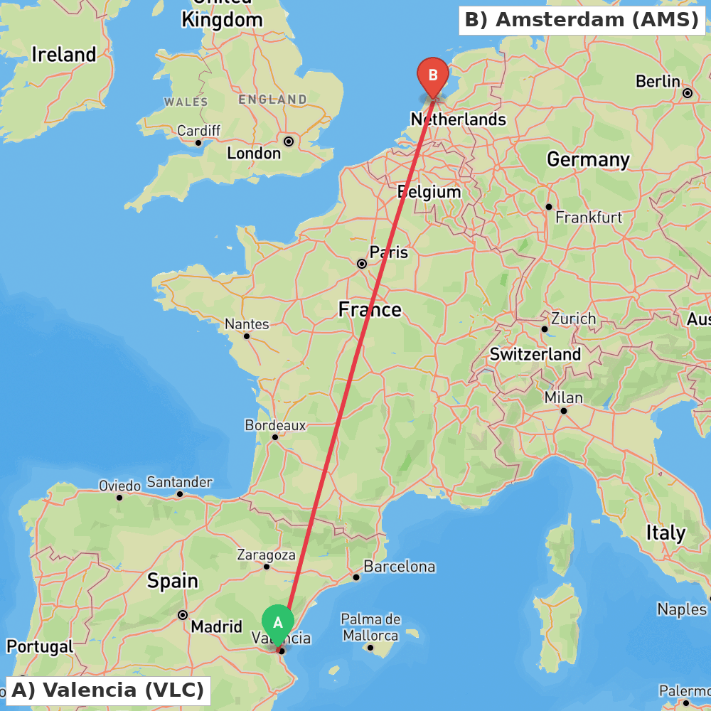 Flight route map from Valencia to Amsterdam