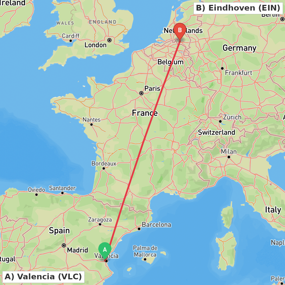 Flight route map from Valencia to Eindhoven