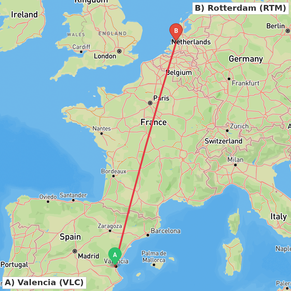 Flight route map from Valencia to Rotterdam