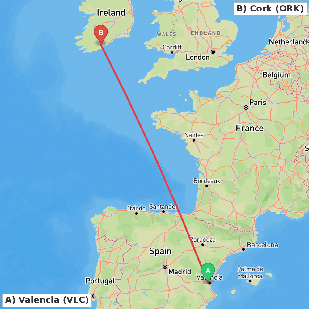 Flight route map from Valencia to Cork