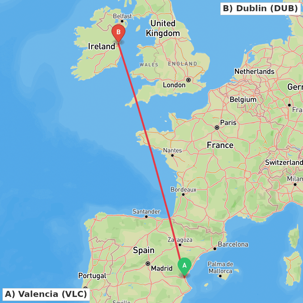 Flight route map from Valencia to Dublin