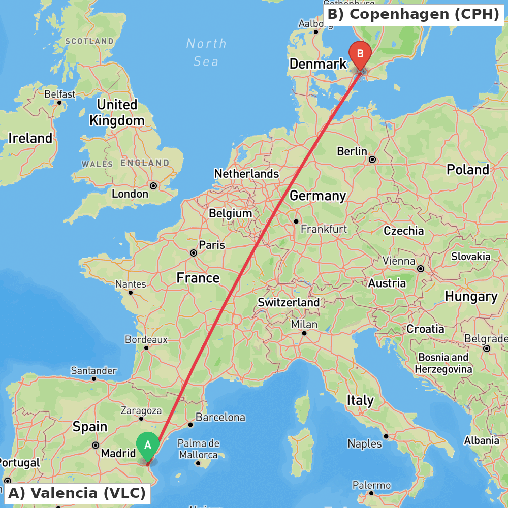 Flight route map from Valencia to Copenhagen