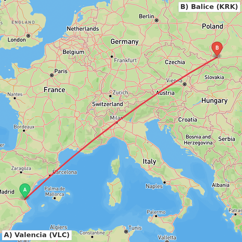 Flight route map from Valencia to Balice