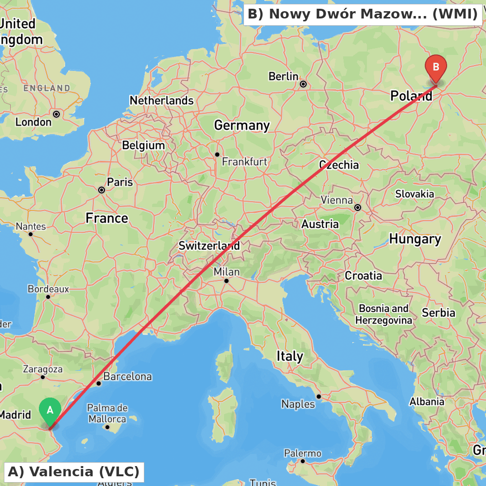 Flight route map from Valencia to Nowy Dwór Mazowiecki
