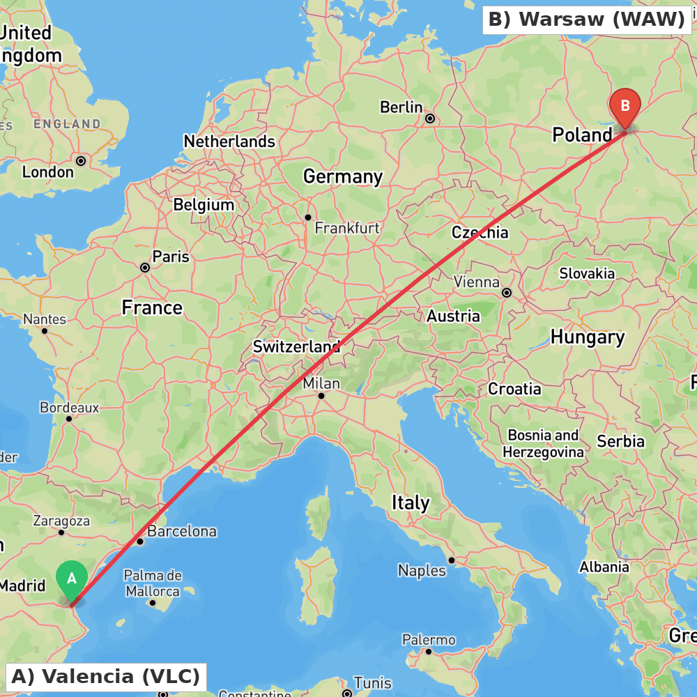 Flight route map from Valencia to Warsaw