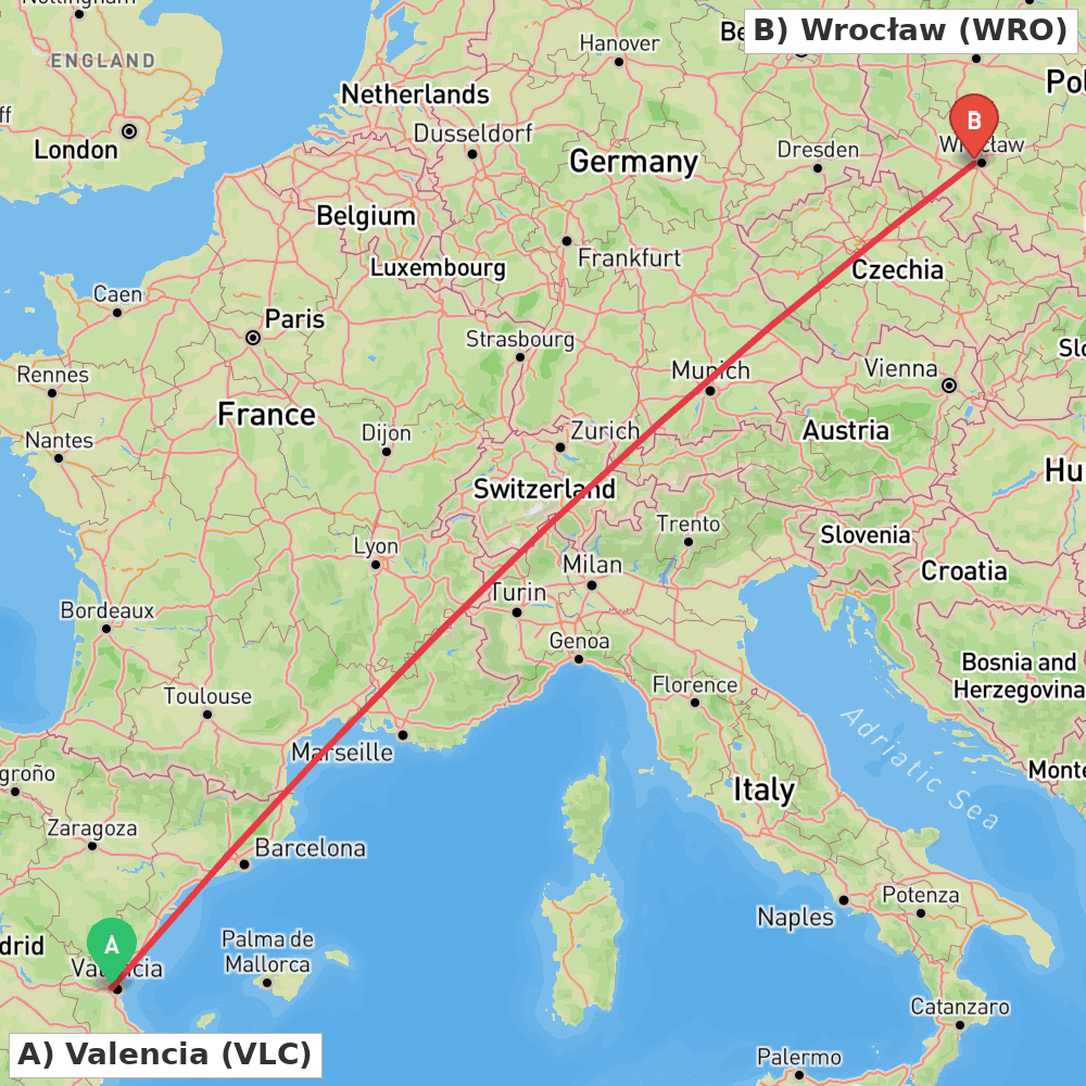 Flight route map from Valencia to Wrocław