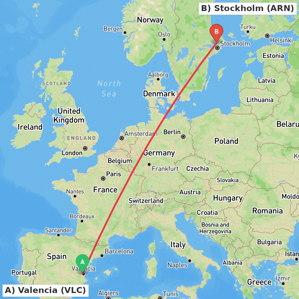 Flight route map from Valencia to Stockholm