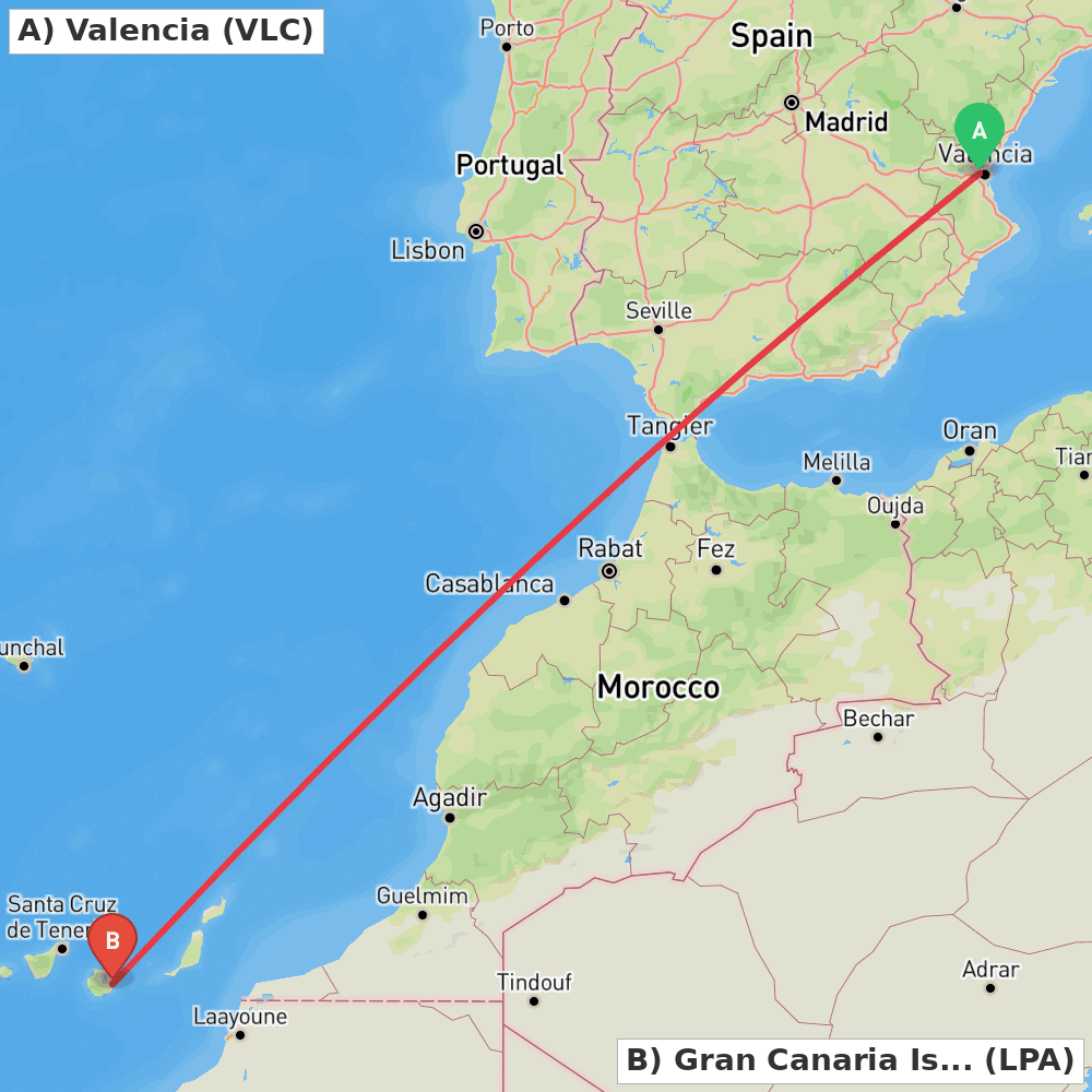 Flight route map from Valencia to Gran Canaria Island